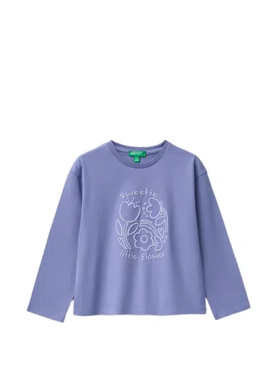 Benetton Kids' Flower-print Long-sleeve T-shirt In 紫色