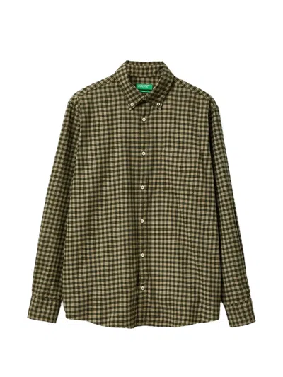 Benetton Gingham Button-down Shirt In Brown