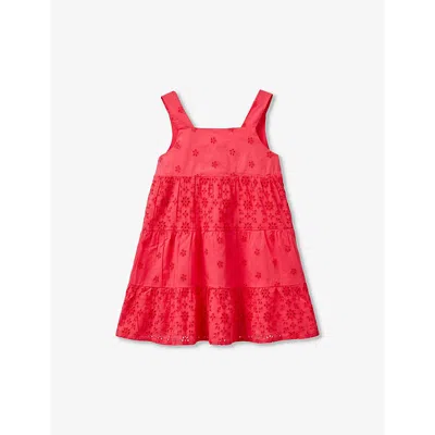 Benetton Girls Fuchsia Pink Kids Flounce-sleeve Embroidered Cotton Mini Dress 18 Months-6 Years