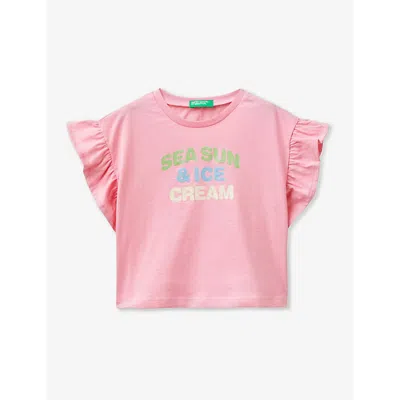 Benetton Girls Fuchsia Pink Kids Glitter Ice-cream Frill-sleeve Organic-cotton Jersey T-shirt 18 Mon