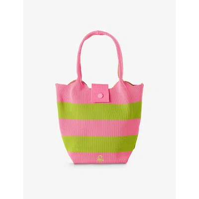 Benetton Girls Green And Pink Kids Logo-embroidered Stripe Woven Handbag
