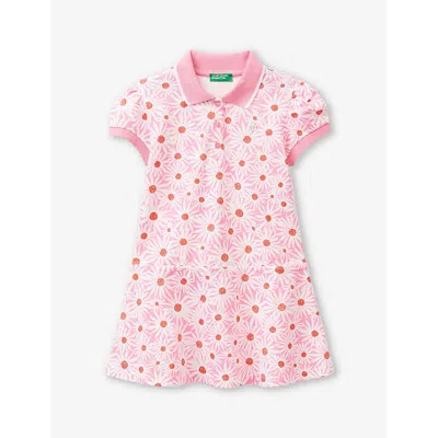 Benetton Girls Pink Daisy Kids Logo-embroidered Strawberry-print Cotton Dress 18 Months-6 Years