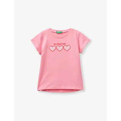 Benetton Girls Pink Kids Logo-embroidered Short-sleeve Woven T-shirt 18 Months - 6 Years
