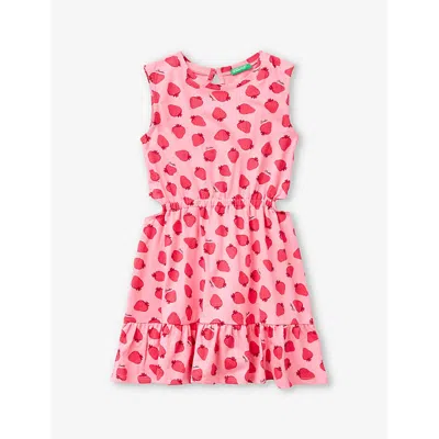Benetton Girls Pink Strawberry Kids Strawberry-print Cut-out Cotton Dress 6-14 Years In Multi