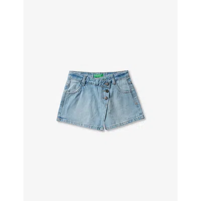 Benetton Girls Stonewash Pale Blue Kids Asymmetric-waist Regular-fit Denim Shorts 6-14 Years