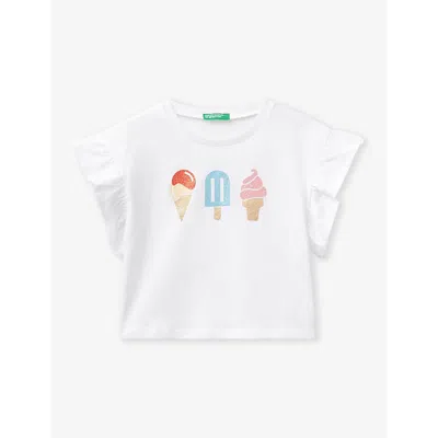 Benetton Girls White Kids Glitter Ice-cream Frill-sleeve Organic-cotton Jersey T-shirt 18 Months - 6