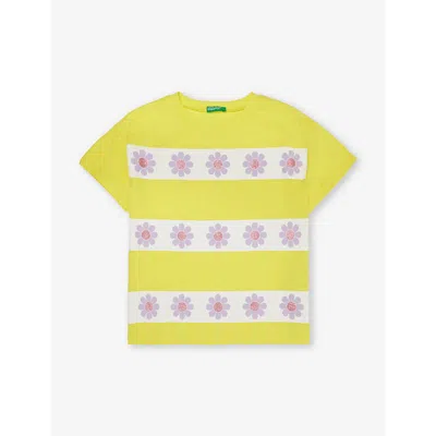 Benetton Kids' Floral-print Short-sleeve Cotton T-shirt 6-14 Years In Yellow/white