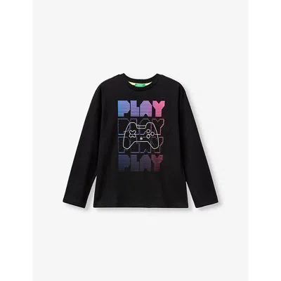 Benetton Kids' Graphic-print Long-sleeve Cotton-blend T-shirt In Black