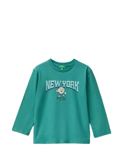 Benetton Kids' Graphic-print Long-sleeve T-shirt In 绿色
