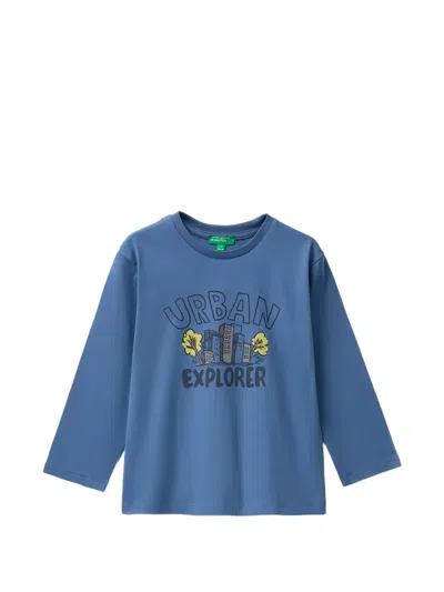 Benetton Kids' Graphic-print Long-sleeve T-shirt In Blue