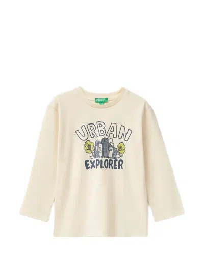 Benetton Kids' Graphic-print Long-sleeve T-shirt In Neutrals