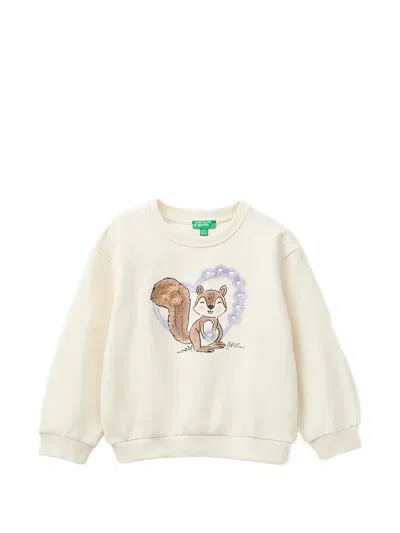 Benetton Kids' Graphic-print Ribbed-trim Sweatshirt In Neutrals