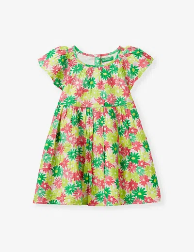 Benetton Babies' Floral-print Crinkled Woven Dress 18 Months - 6 Years In Green/pink Patt