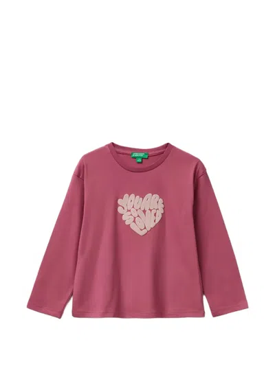 Benetton Kids' Heart-patch Long-sleeve T-shirt In Pink