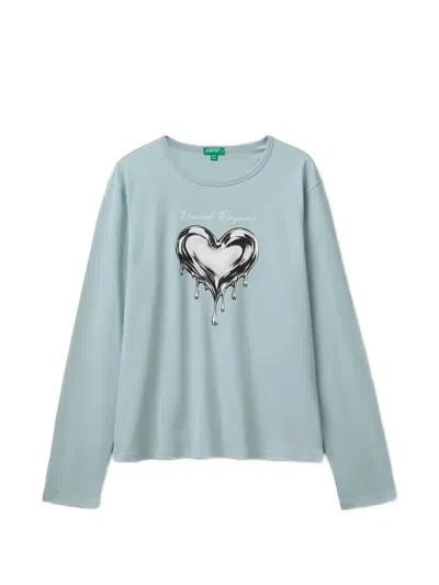 Benetton Kids' Heart-print Long-sleeve T-shirt In Blue