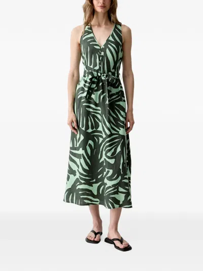 Benetton Leaf-print Belted Midi Dress In Green