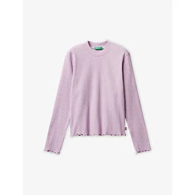 Benetton Kids' Lilac Ruffled-trim Long-sleeved Stretch-cotton T-shirt 6 In Purple