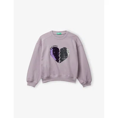 Benetton Kids' Lilac Sequin-embellished Relaxed-fit Cotton Sweatshirt 6-14 In Purple