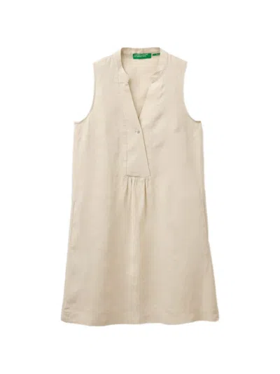 Benetton Linen V-neck Mini Dress In Pink