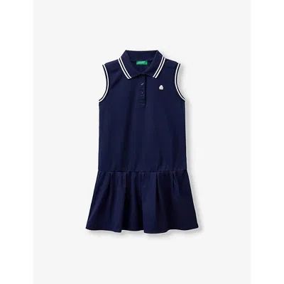 Benetton Babies'  Vy Blue Logo-embroidered Polo-collar Cotton Dress 6-14 Years In Navy Blue