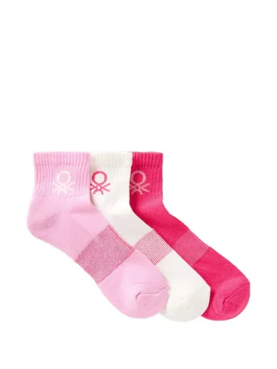 Benetton Logo-embroidered Knitted Socks (three-pack) In Pink