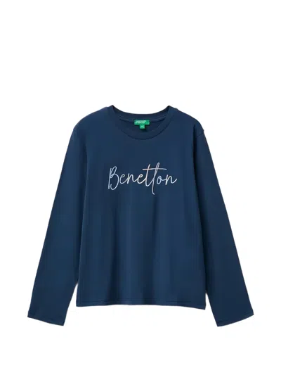 Benetton Kids' Logo-embroidered Long-sleeve T-shirt In Blue