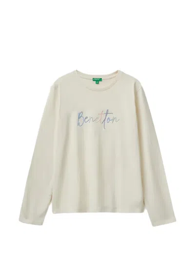 Benetton Kids' Logo-embroidered Long-sleeve T-shirt In Neutrals