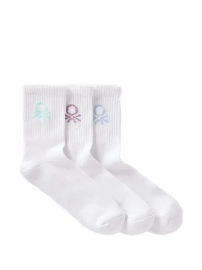 Benetton Logo-embroidered Ribbed Socks (pack Of Three) In White
