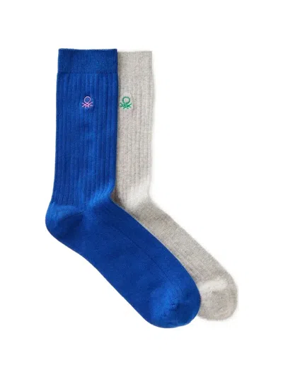Benetton Logo-embroidered Ribbed Socks (two-pack) In Blue