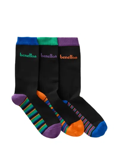 Benetton Logo-embroidered Striped Socks Pack (set Of Three) In Black