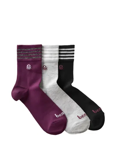 Benetton Logo-embroidered Striped-trim Socks (set Of Three) In Black
