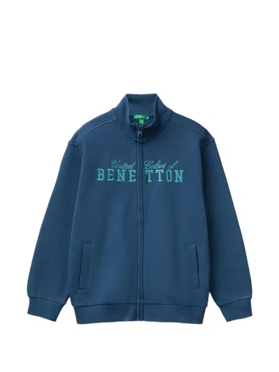 Benetton Kids' Logo-embroidered Zip-up Jacket In Blue