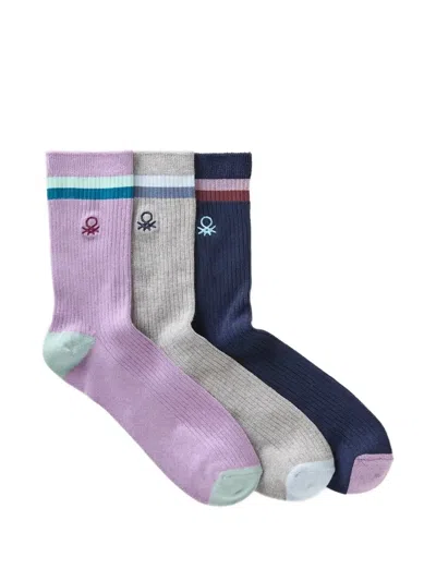 Benetton Logo-motif Ribbed Socks (set Of Three) In Purple