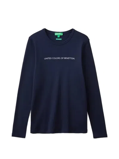 Benetton Logo-print Long-sleeve T-shirt In Blue