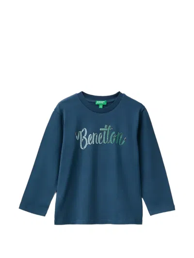 Benetton Kids' Logo-print Long-sleeve T-shirt In Blue