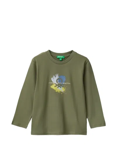 Benetton Kids' Logo-print Long-sleeve T-shirt In Green
