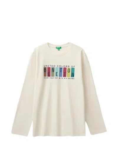 Benetton Kids' Logo-print Long-sleeve T-shirt In Neutral