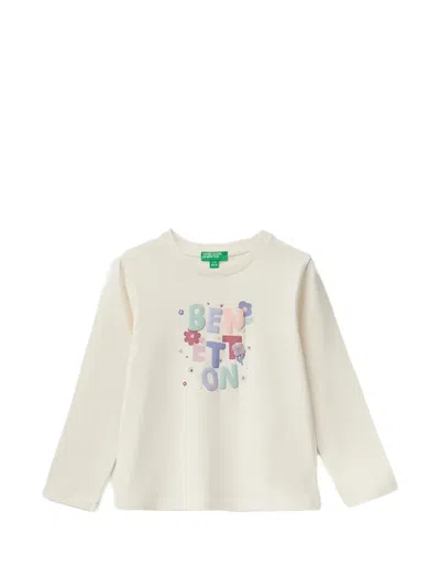 Benetton Kids' Logo-print Long-sleeve T-shirt In Neutrals