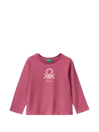 Benetton Kids' Logo-print Long-sleeve T-shirt In Pink