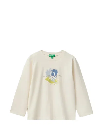 Benetton Kids' Logo-print Long-sleeve T-shirt In White