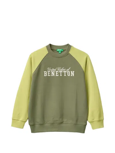Benetton Kids' Logo-print Raglan-sleeve Sweatshirt In Green