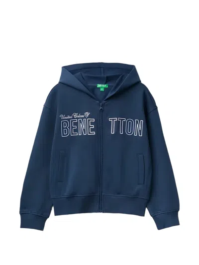 Benetton Kids' Logo-print Zip-up Hoodie In Blue