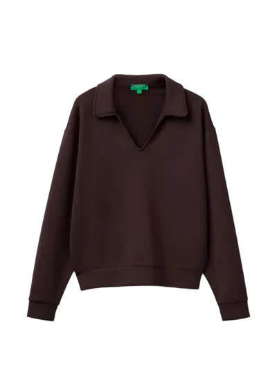 Benetton Long-sleeve Polo-collar Sweatshirt In Brown