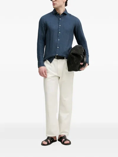Benetton Long-sleeved Linen Shirt In Blue