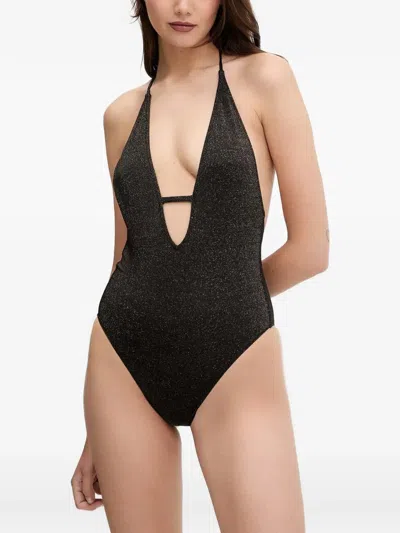 Benetton Lurex Halterneck Swimsuit In Black