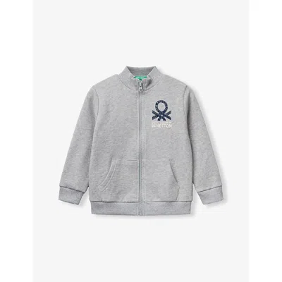 Benetton Kids' Medium Melange Grey Logo-print Zip-up Cotton-jersey Sweatshirt 18 Month
