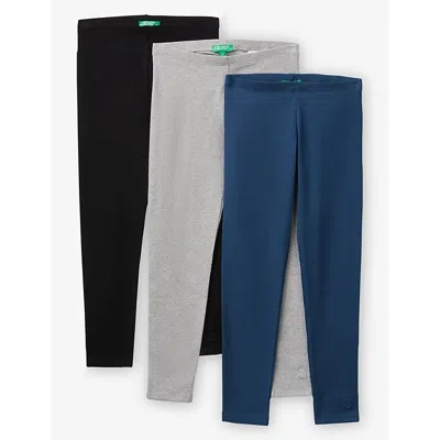 Benetton Kids' Multicolor Brand-embroidered Stretch-cotton Leggings Pack Of Three 6-13 In Blue