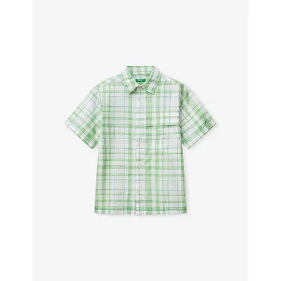 Benetton Kids' Multicolor Check Short-sleeve Cotton Shirt 6-14 In Green