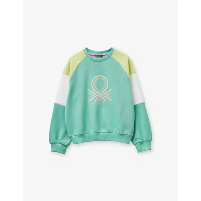Benetton Kids' Colour-block Branded Cotton-jersey Sweatshirt 8-13 In Green