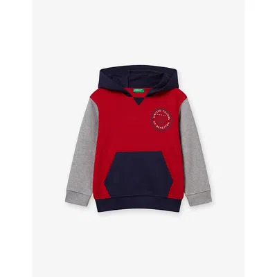 Benetton Kids' Multicolored Logo-print Colour-block Cotton Hoody 18 Months-5 In Red
